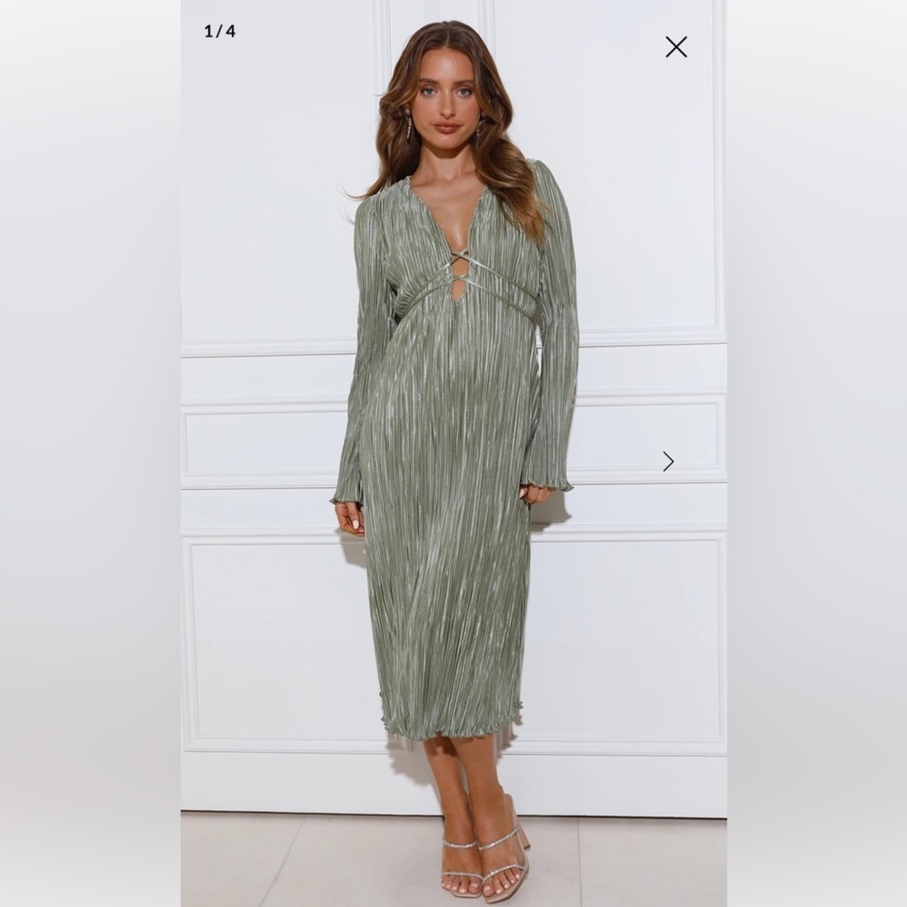 Hello Molly Sage Green Long Sleeve Midi Dress Small Medium 6 8
